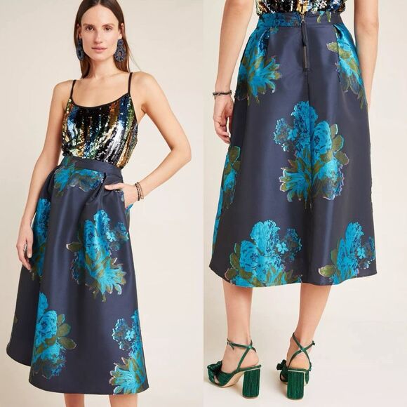 Maeve Dresses & Skirts - Maeve Ronette Jacquard‎ Midi Skirt Women’s Size 4 Anthropologie Floral Metallic